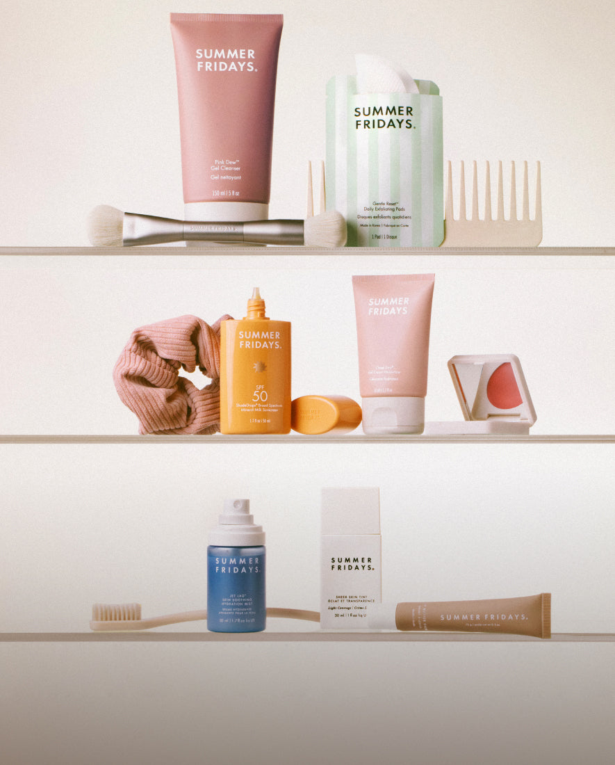 Skincare and hybrid makeup displayed on shelves